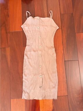 Derek Heart L Beige/Brown Ribbed Knit Bodycon Midi Square Neck Dress